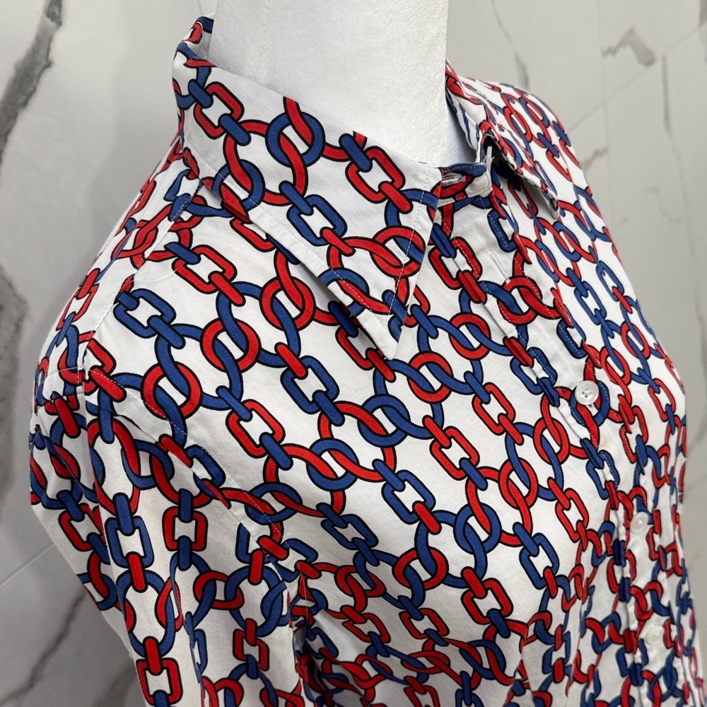 Jones New York Red Blue Geometric Chain Link Button Down Shirt Size S - Picture 3 of 8